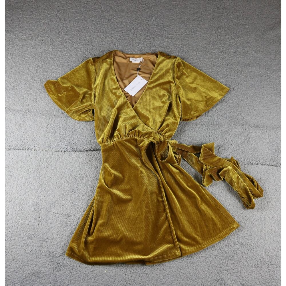 New Friends and Lovers Dress Medium Golden Mustard Layla Mini Ribbed Velvet Wrap